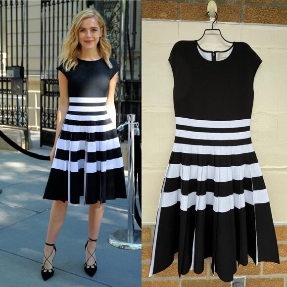 CAROLINA HERRERA Striped Cap-sleeve Pleated Dress size large - Picture 1 of 16
